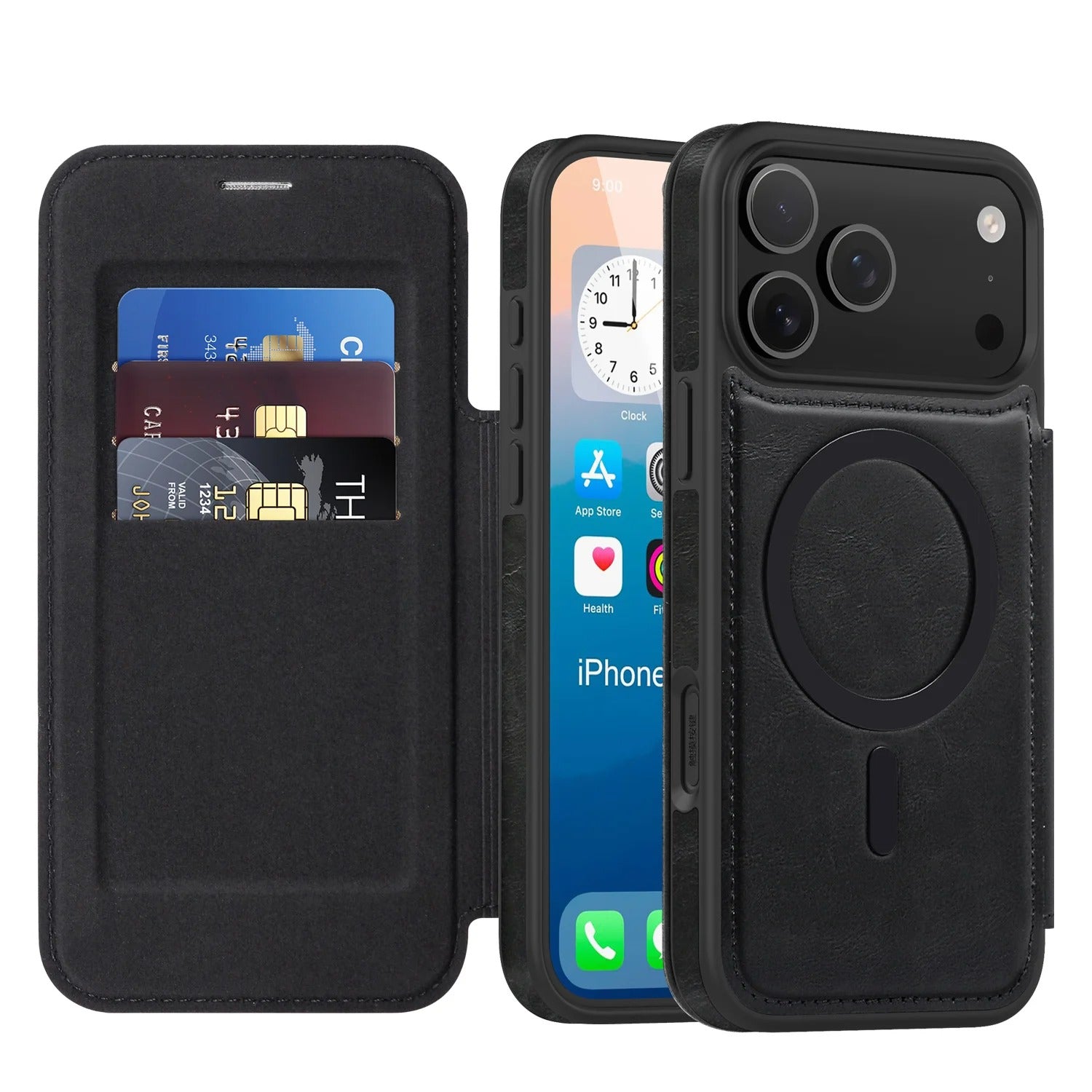 Luxury iPhone Case — Magnetic RFID-Blocking Flip Leather Wallet Cover with Kickstand, Card Storage, Shockproof Dual-Layer Protection and Wireless-Charging Compatibility