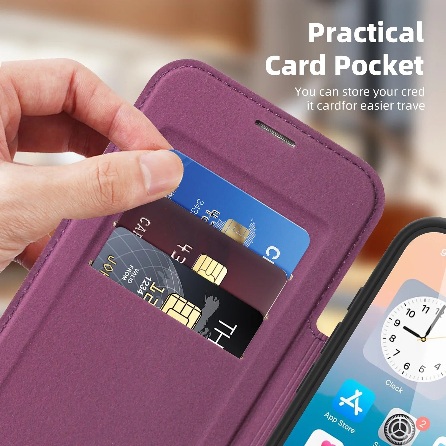 Luxury iPhone Case — Magnetic RFID-Blocking Flip Leather Wallet Cover with Kickstand, Card Storage, Shockproof Dual-Layer Protection and Wireless-Charging Compatibility