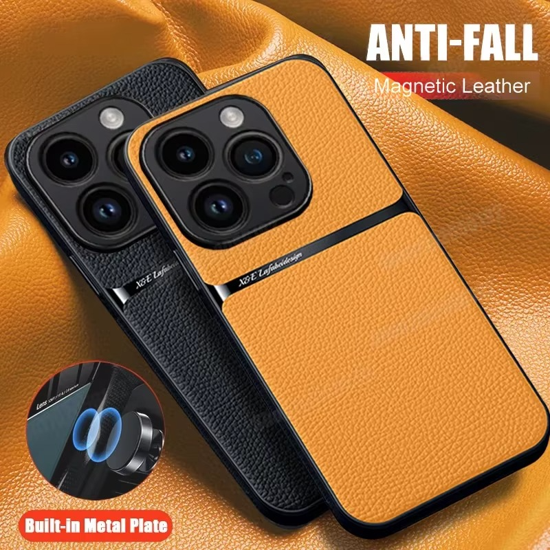 Luxury iPhone Case — Magnetic Soft Leather Back Cover with Car-Mount Holder Support, Shockproof Anti-Fingerprint Design & Slim Half-Wrapped Style
