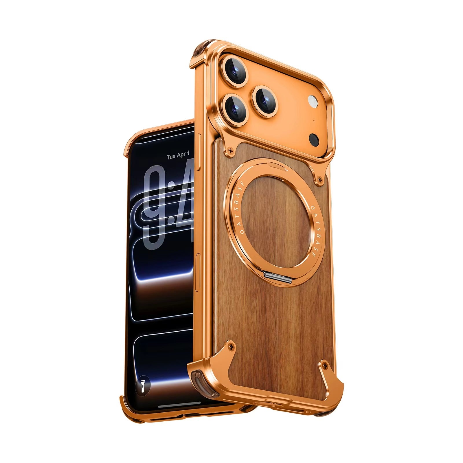 Luxury iPhone Case — Magnetic Solid Wood Cover with 360° Rotating Ring Stand, Aluminum Frame, Shock-Absorbing Lightweight Non-Slip Design