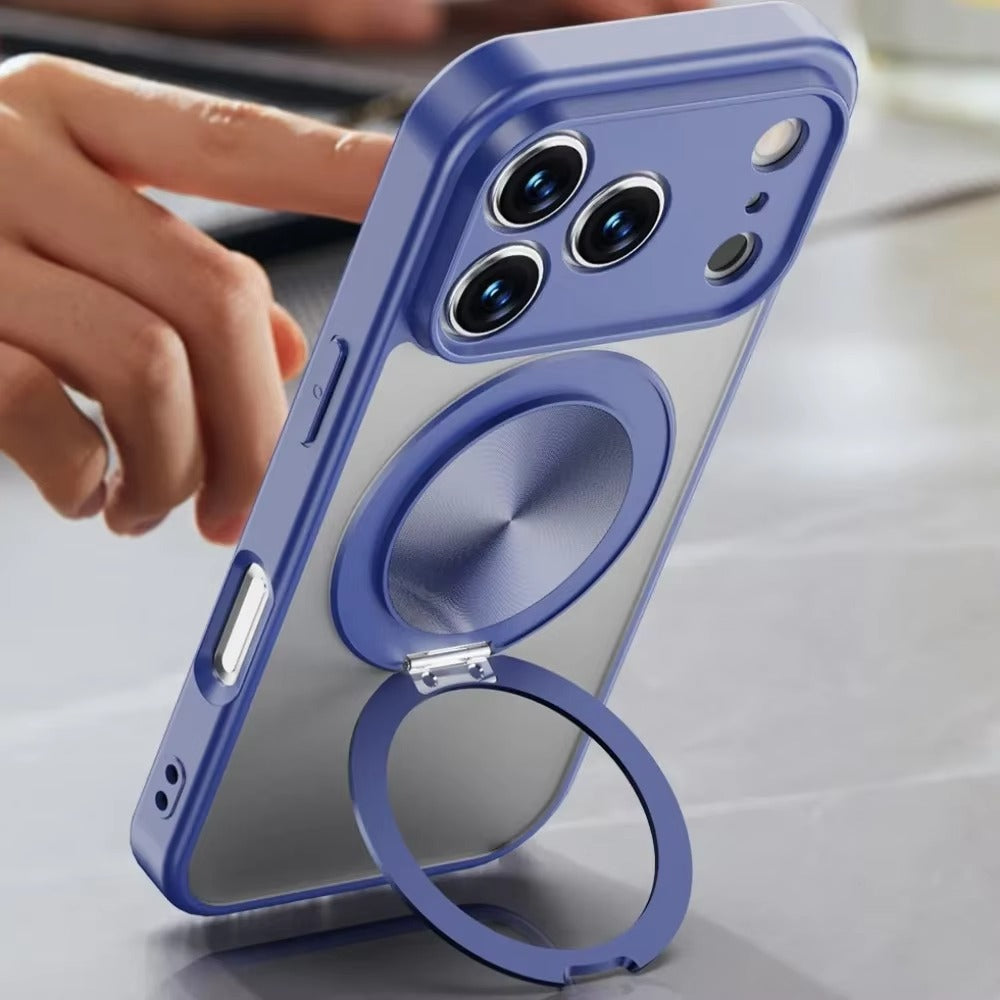 Luxury iPhone Case — Matte Clear MagSafe Magnetic Cover with 360° Rotating Bracket, Shockproof Protective Design