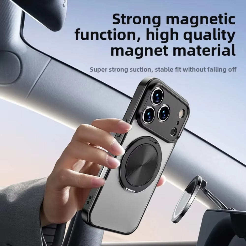 Luxury iPhone Case — Matte Clear MagSafe Magnetic Cover with 360° Rotating Bracket, Shockproof Protective Design