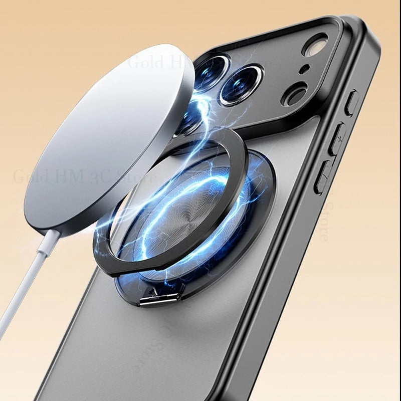 Luxury iPhone Case — Matte Clear MagSafe Magnetic Cover with 360° Rotating Bracket, Shockproof Protective Design