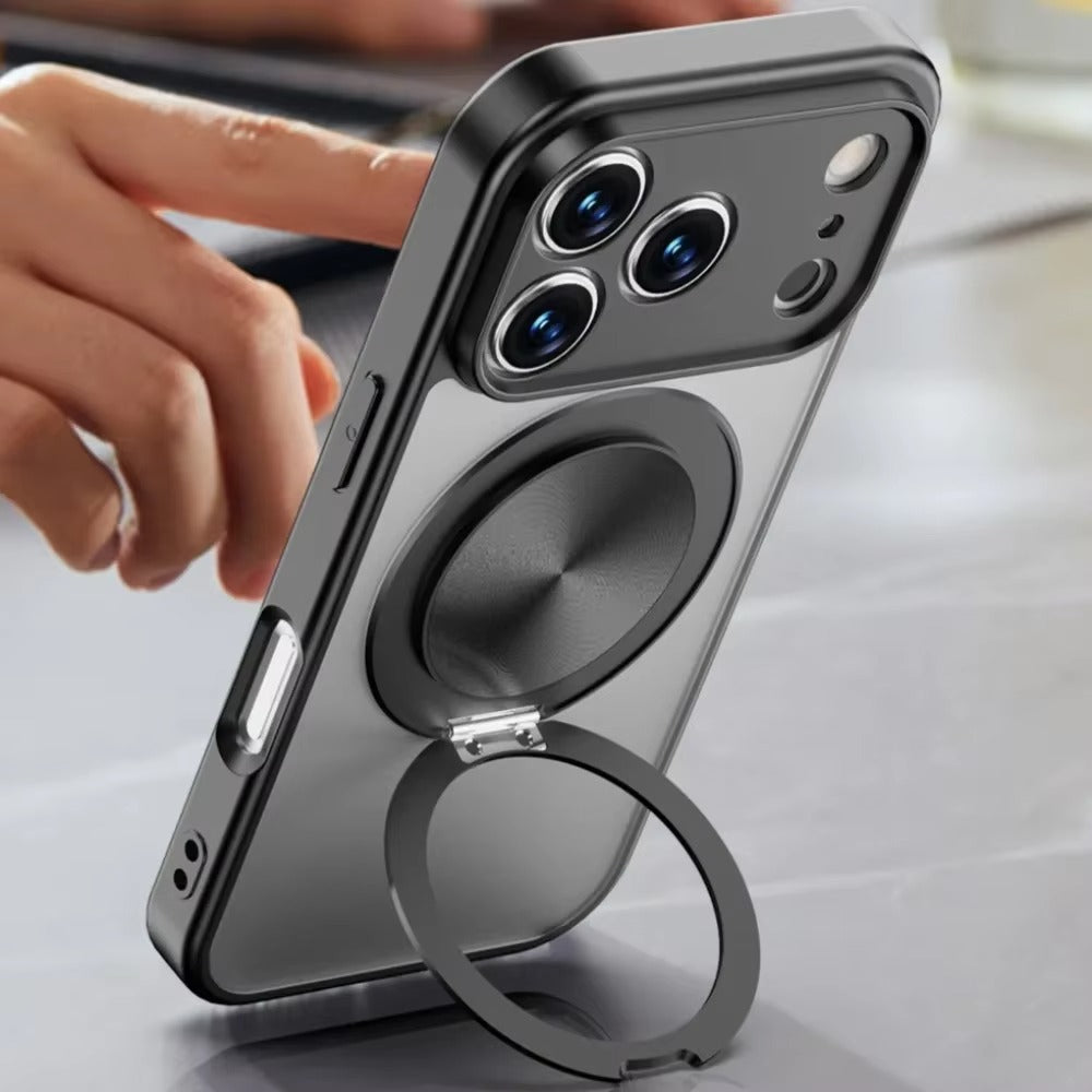 Luxury iPhone Case — Matte Clear MagSafe Magnetic Cover with 360° Rotating Bracket, Shockproof Protective Design