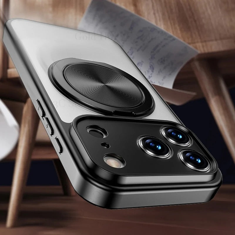 Luxury iPhone Case — Matte Clear MagSafe Magnetic Cover with 360° Rotating Bracket, Shockproof Protective Design