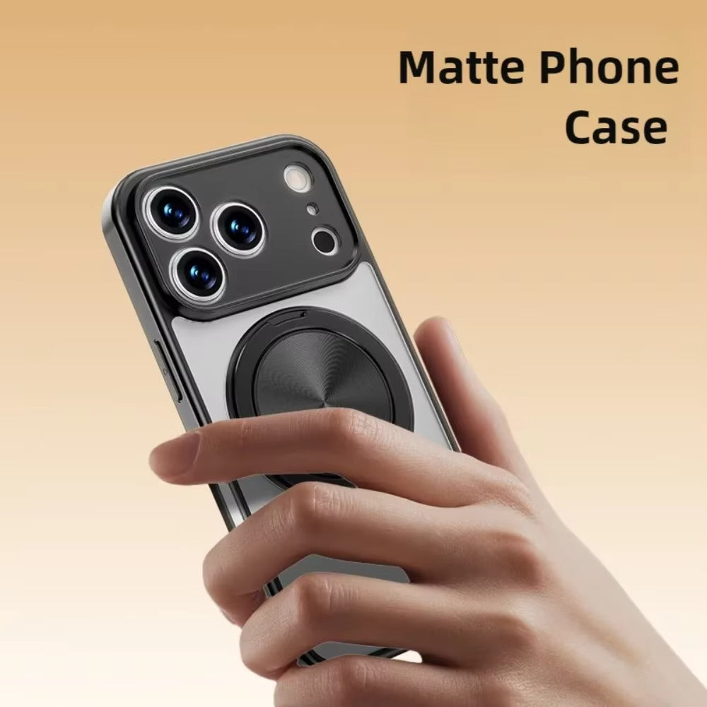 Luxury iPhone Case — Matte Clear MagSafe Magnetic Cover with 360° Rotating Bracket, Shockproof Protective Design