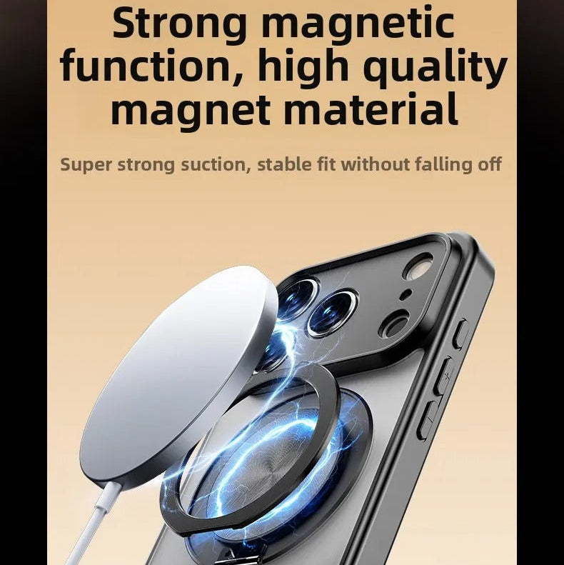 Luxury iPhone Case — Matte Clear MagSafe Magnetic Cover with 360° Rotating Bracket, Shockproof Protective Design