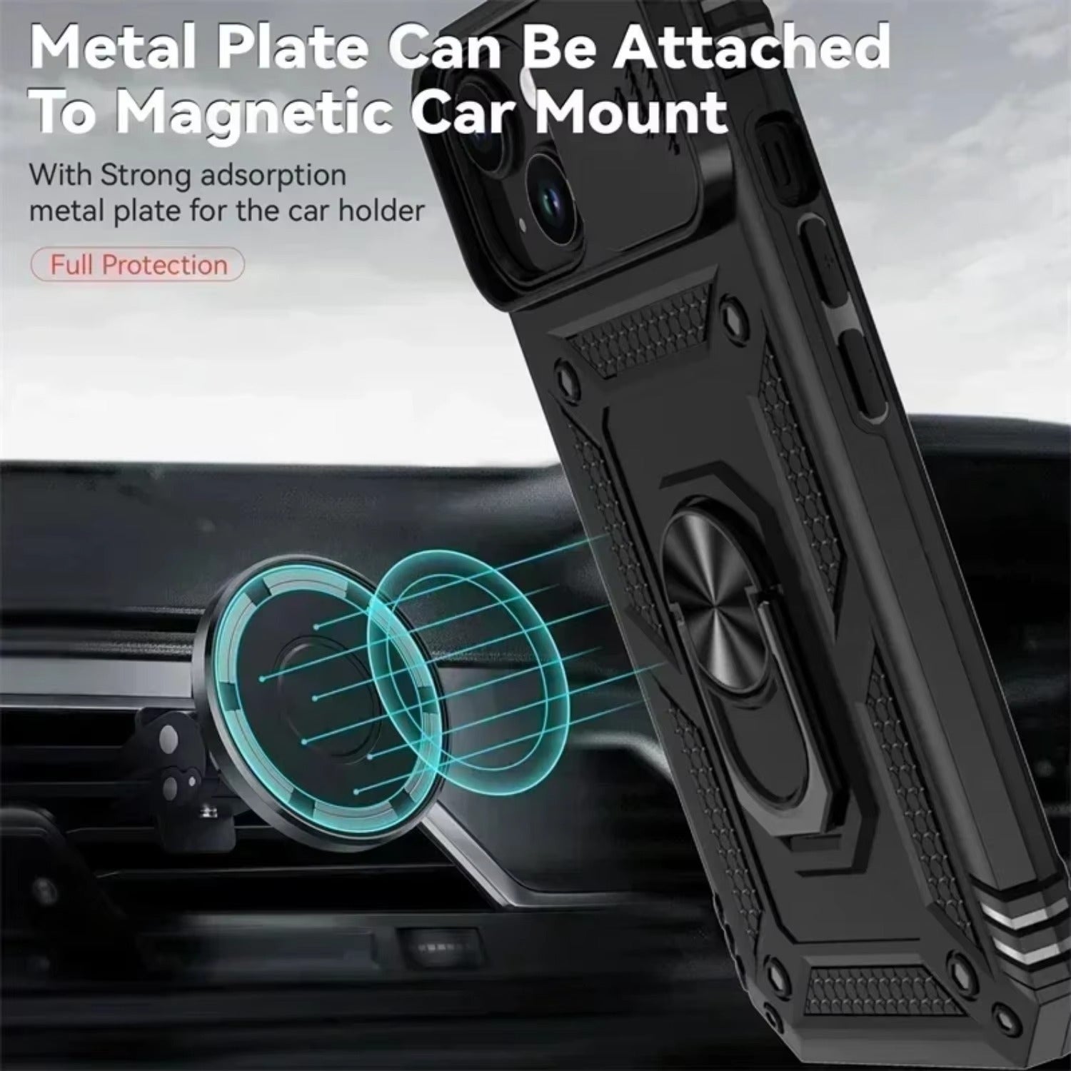 Luxury iPhone Case — Military-Grade Armor Cover with Rotating Ring Stand, Slide Camera Lens Protection & Shockproof Design