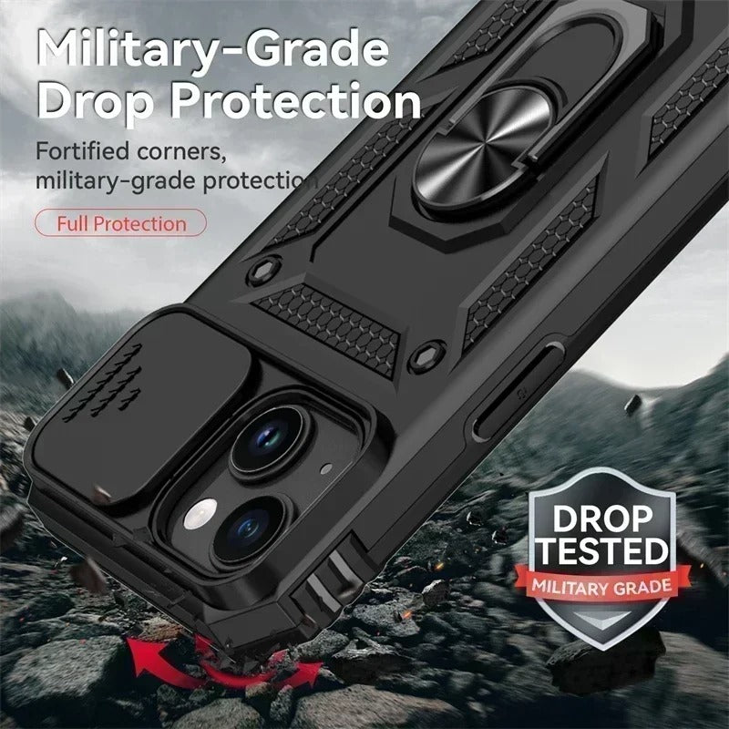 Luxury iPhone Case — Military-Grade Armor Cover with Rotating Ring Stand, Slide Camera Lens Protection & Shockproof Design