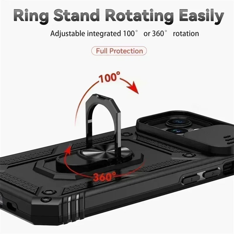 Luxury iPhone Case — Military-Grade Armor Cover with Rotating Ring Stand, Slide Camera Lens Protection & Shockproof Design