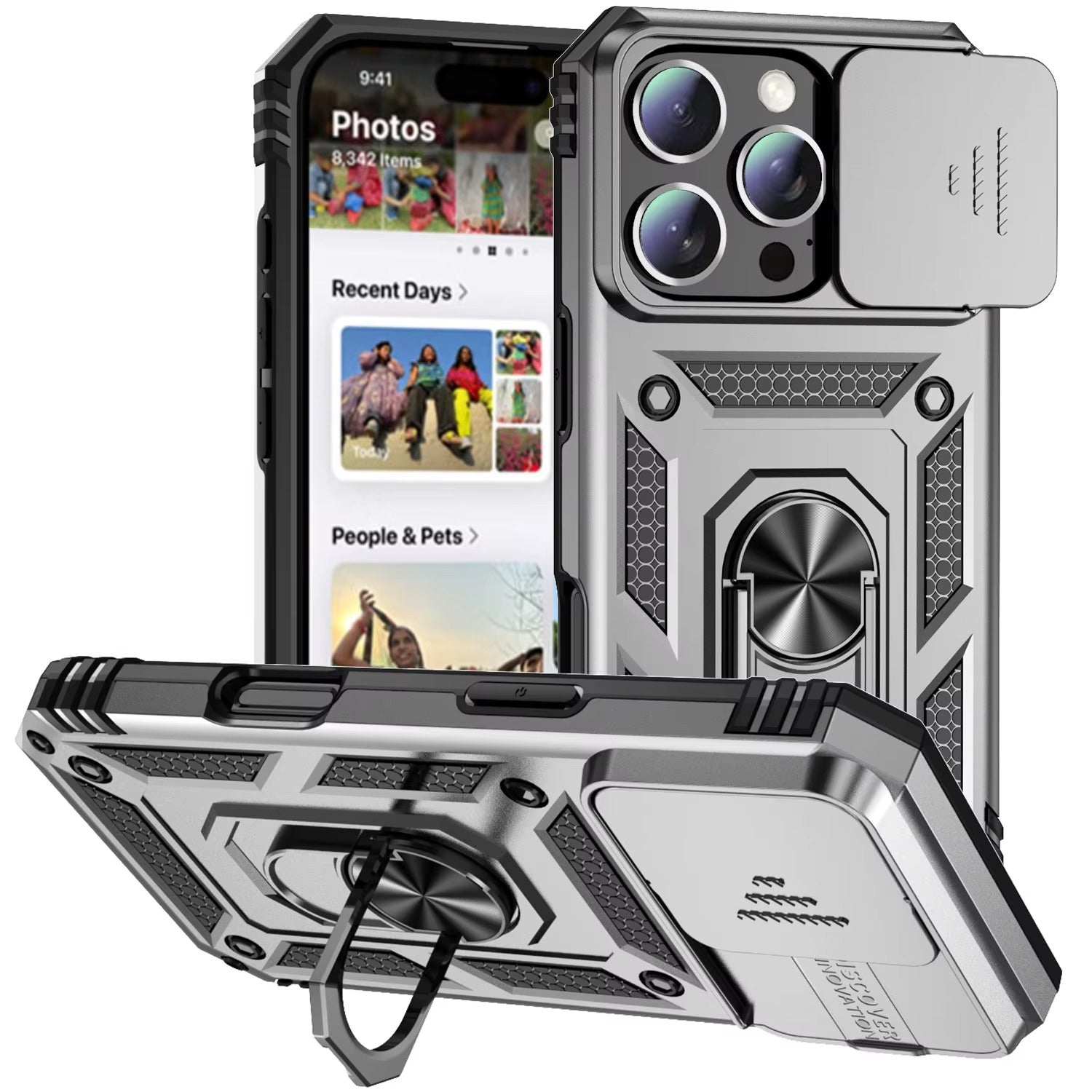 Luxury iPhone Case — Military-Grade Armor Cover with Rotating Ring Stand, Slide Camera Lens Protection & Shockproof Design