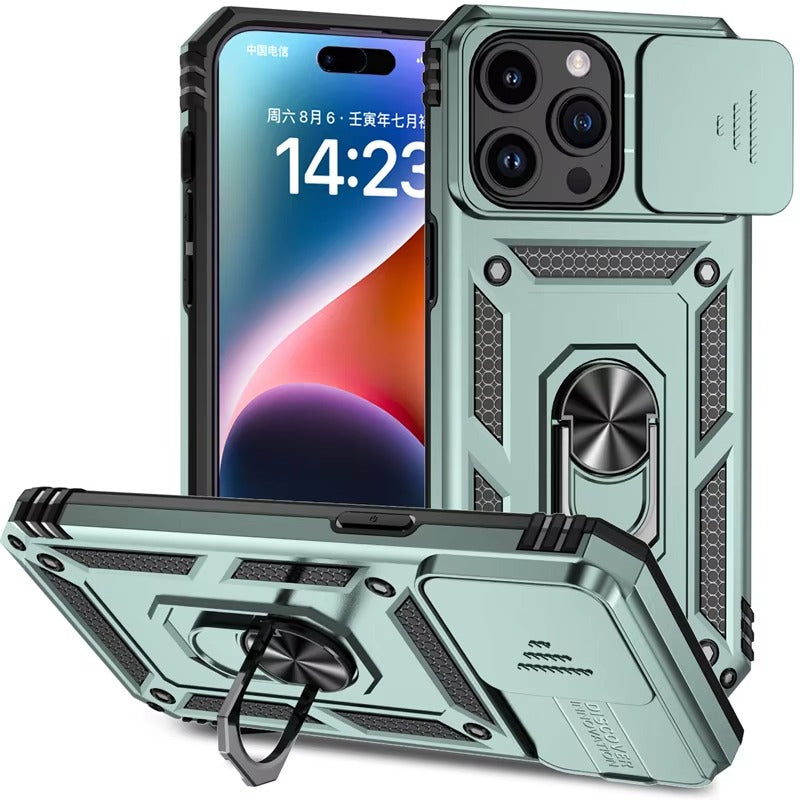 Luxury iPhone Case — Military-Grade Armor Cover with Rotating Ring Stand, Slide Camera Lens Protection & Shockproof Design