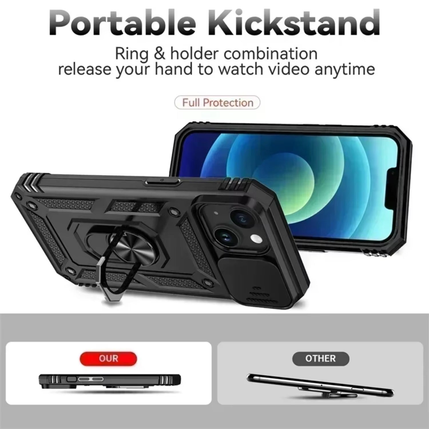 Luxury iPhone Case — Military-Grade Armor Cover with Rotating Ring Stand, Slide Camera Lens Protection & Shockproof Design