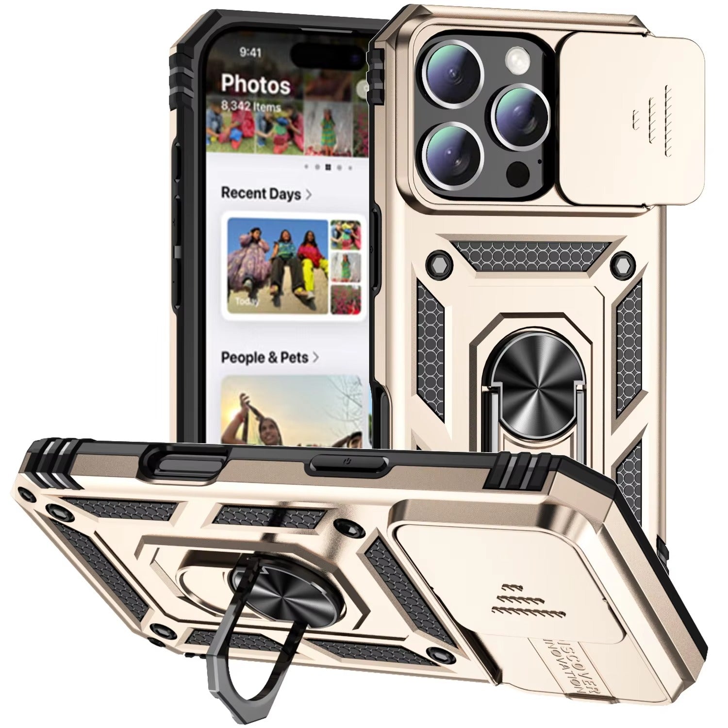 Luxury iPhone Case — Military-Grade Armor Cover with Rotating Ring Stand, Slide Camera Lens Protection & Shockproof Design
