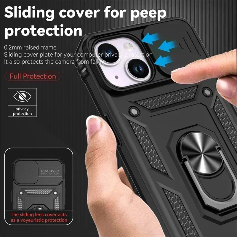 Luxury iPhone Case — Military-Grade Armor Cover with Rotating Ring Stand, Slide Camera Lens Protection & Shockproof Design