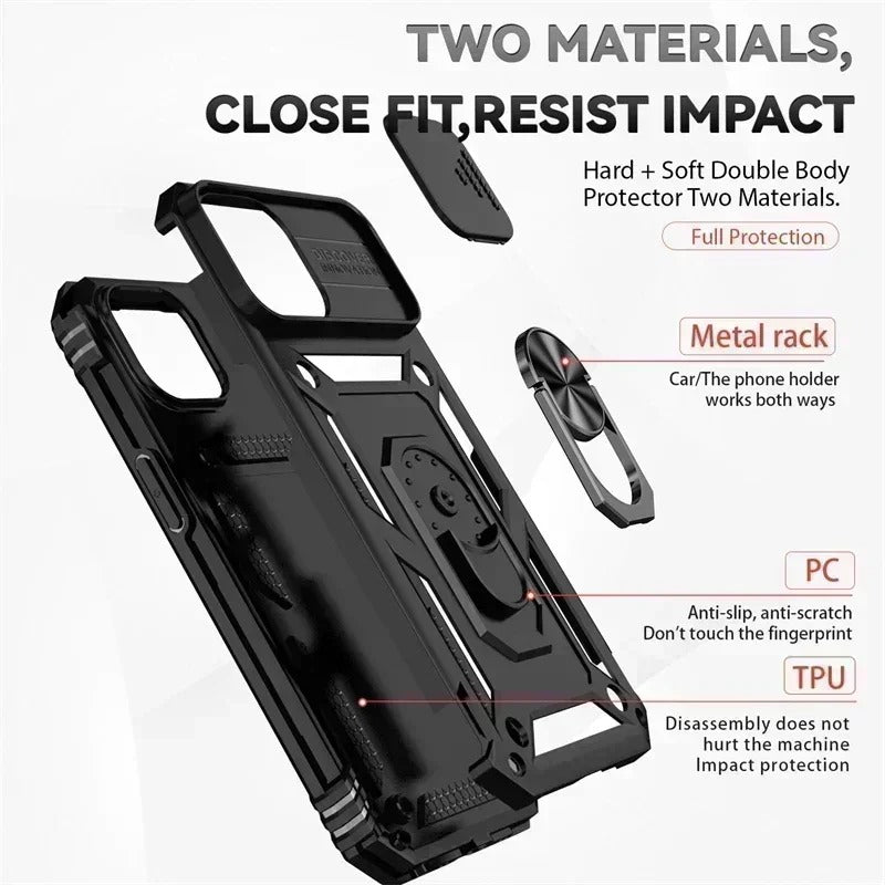 Luxury iPhone Case — Military-Grade Armor Cover with Rotating Ring Stand, Slide Camera Lens Protection & Shockproof Design