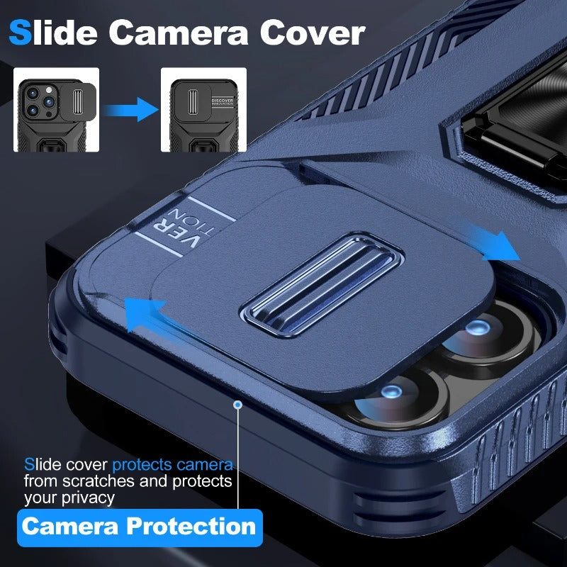 Luxury iPhone Case — Military-Grade Shockproof Anti-Slip Cover with Slide Camera Lens Protection & Rotary Stand