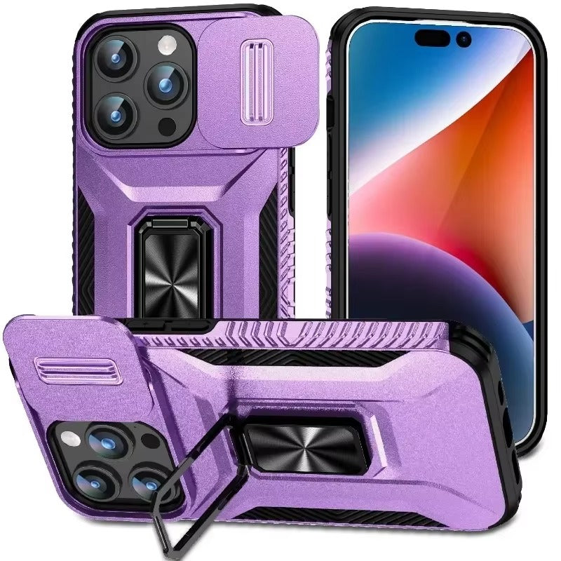 Luxury iPhone Case — Military-Grade Shockproof Anti-Slip Cover with Slide Camera Lens Protection & Rotary Stand