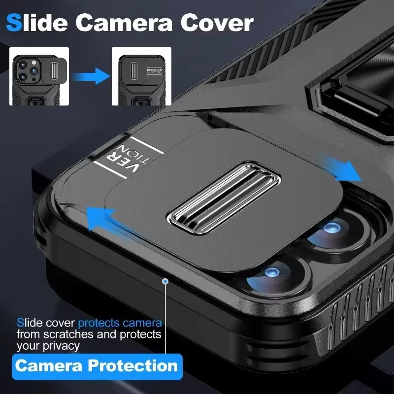 Luxury iPhone Case — Military-Grade Shockproof Anti-Slip Cover with Slide Camera Lens Protection & Rotary Stand