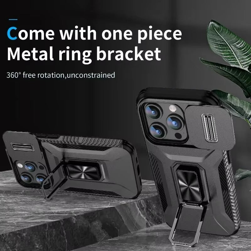 Luxury iPhone Case — Military-Grade Shockproof Anti-Slip Cover with Slide Camera Lens Protection & Rotary Stand