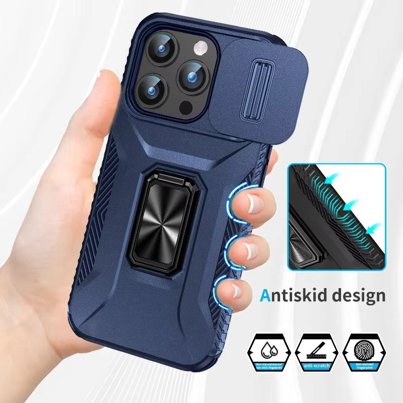 Luxury iPhone Case — Military-Grade Shockproof Anti-Slip Cover with Slide Camera Lens Protection & Rotary Stand