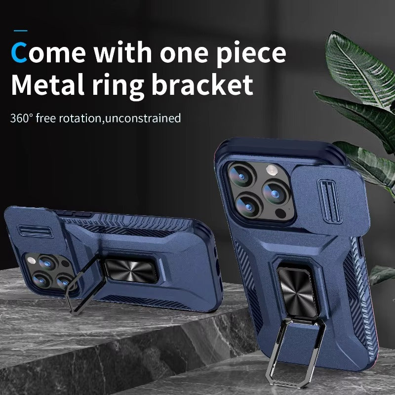 Luxury iPhone Case — Military-Grade Shockproof Anti-Slip Cover with Slide Camera Lens Protection & Rotary Stand