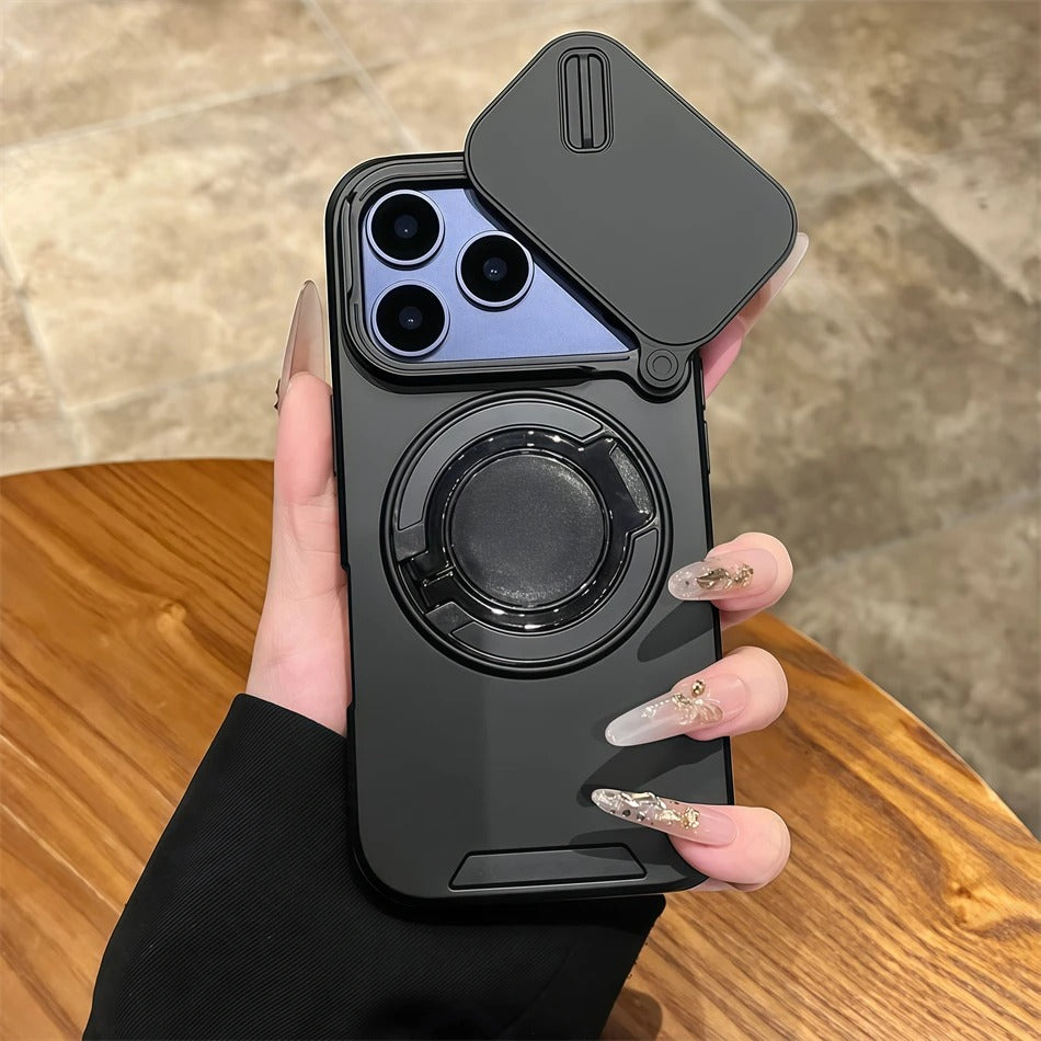 Luxury iPhone Case — Military Armor Magnetic Ring Cover with 360° Rotating Folding Stand, Full Lens Protection & Dual-Layer Shockproof Design