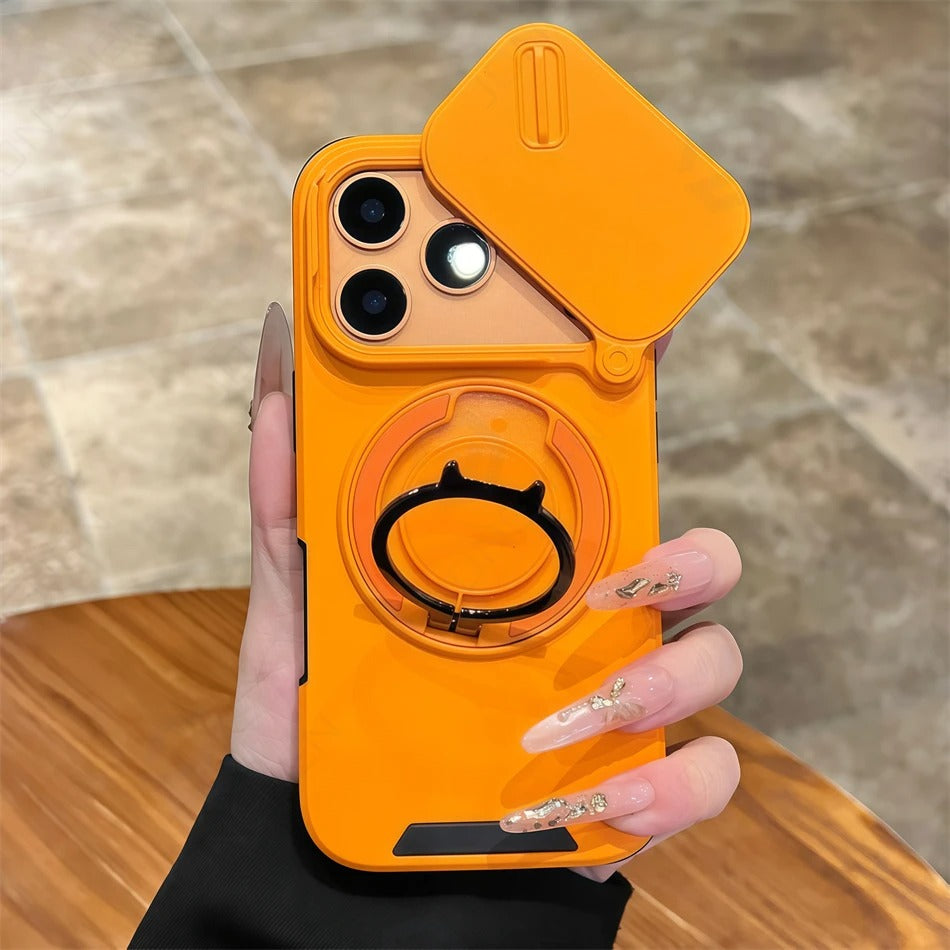 Luxury iPhone Case — Military Armor Magnetic Ring Cover with 360° Rotating Folding Stand, Full Lens Protection & Dual-Layer Shockproof Design