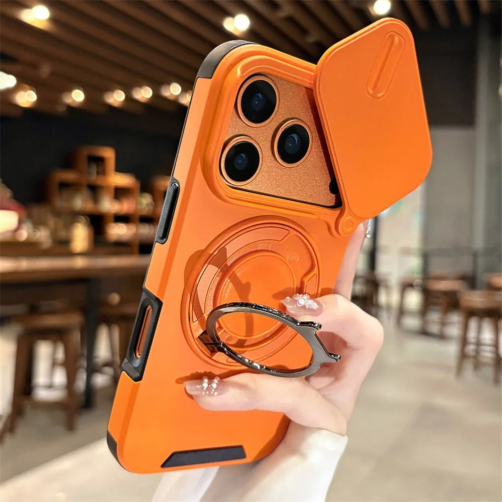 Luxury iPhone Case — Military Armor Magnetic Ring Cover with 360° Rotating Folding Stand, Full Lens Protection & Dual-Layer Shockproof Design