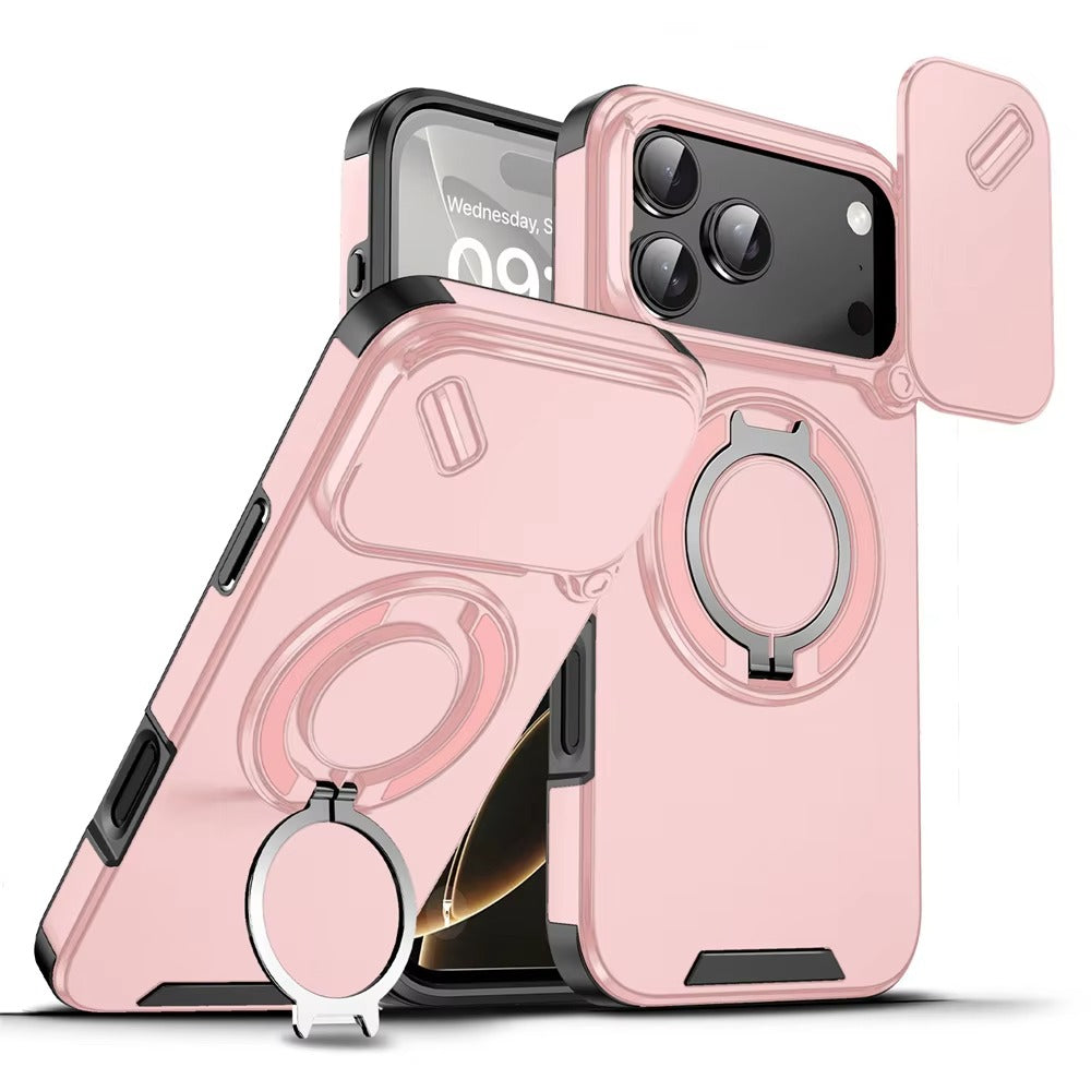 Luxury iPhone Case — Military Armor Magnetic Ring Cover with 360° Rotating Folding Stand, Full Lens Protection & Dual-Layer Shockproof Design