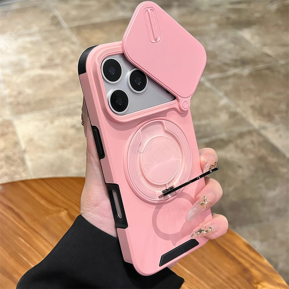 Luxury iPhone Case — Military Armor Magnetic Ring Cover with 360° Rotating Folding Stand, Full Lens Protection & Dual-Layer Shockproof Design