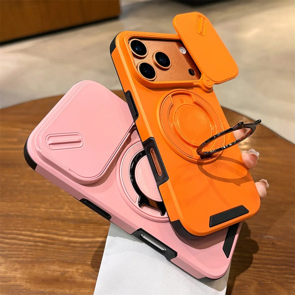 Luxury iPhone Case — Military Armor Magnetic Ring Cover with 360° Rotating Folding Stand, Full Lens Protection & Dual-Layer Shockproof Design