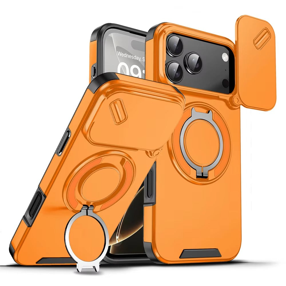 Luxury iPhone Case — Military Armor Magnetic Ring Cover with 360° Rotating Folding Stand, Full Lens Protection & Dual-Layer Shockproof Design
