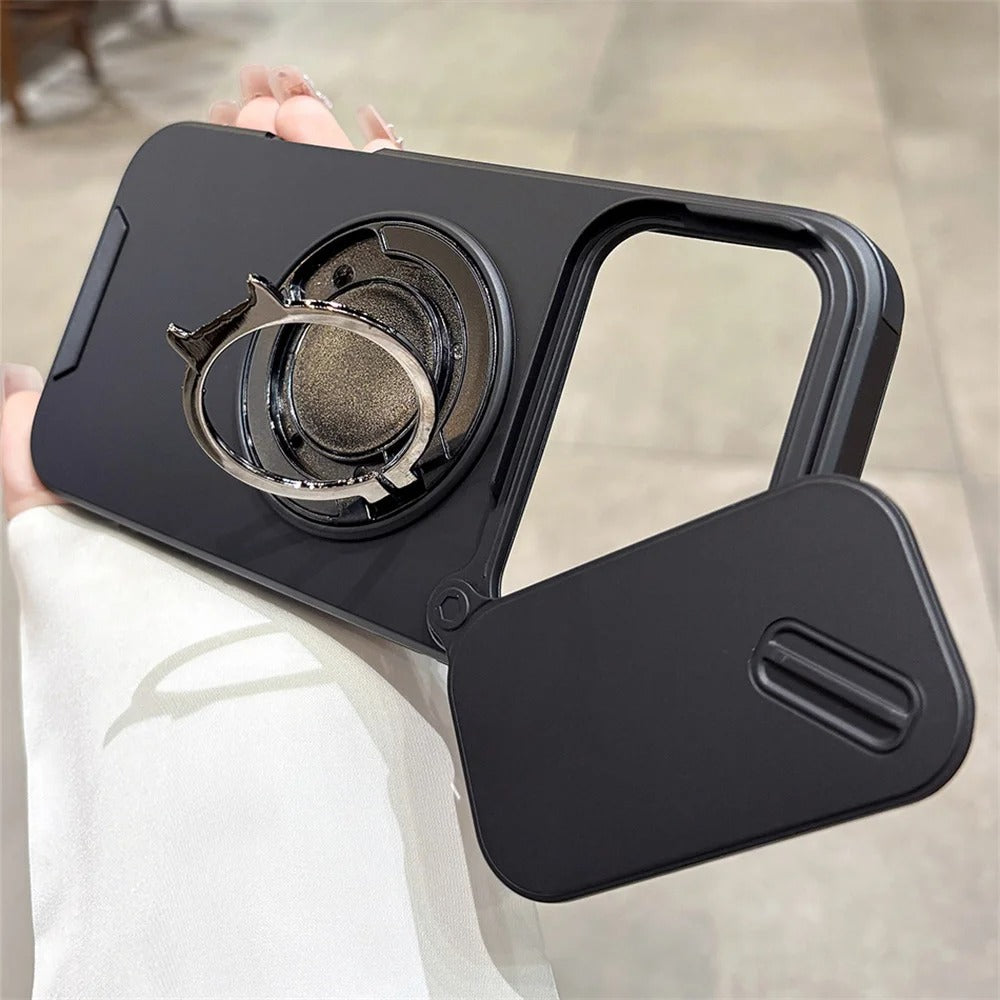 Luxury iPhone Case — Military Armor Magnetic Ring Cover with 360° Rotating Folding Stand, Full Lens Protection & Dual-Layer Shockproof Design