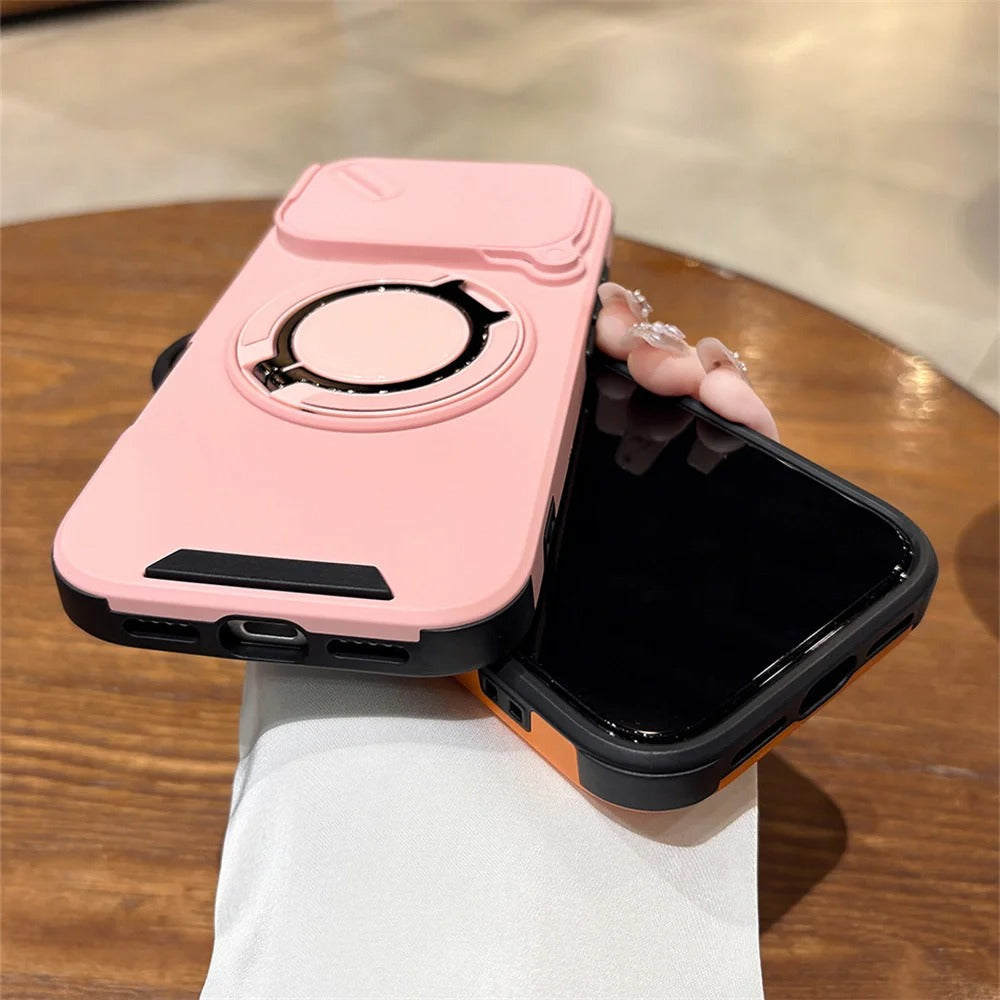 Luxury iPhone Case — Military Armor Magnetic Ring Cover with 360° Rotating Folding Stand, Full Lens Protection & Dual-Layer Shockproof Design