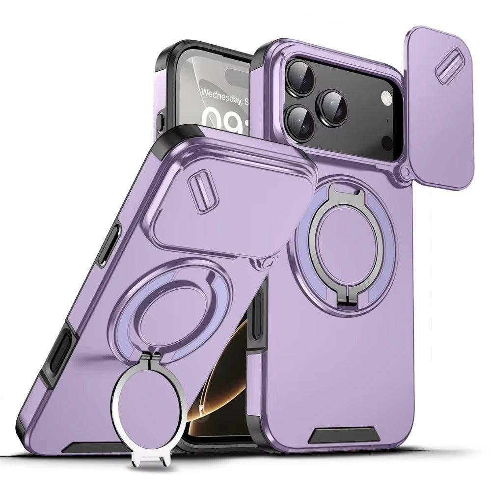Luxury iPhone Case — Military Armor Magnetic Ring Cover with 360° Rotating Folding Stand, Full Lens Protection & Dual-Layer Shockproof Design