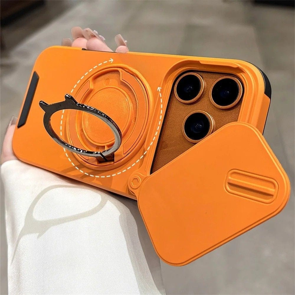 Luxury iPhone Case — Military Armor Magnetic Ring Cover with 360° Rotating Folding Stand, Full Lens Protection & Dual-Layer Shockproof Design