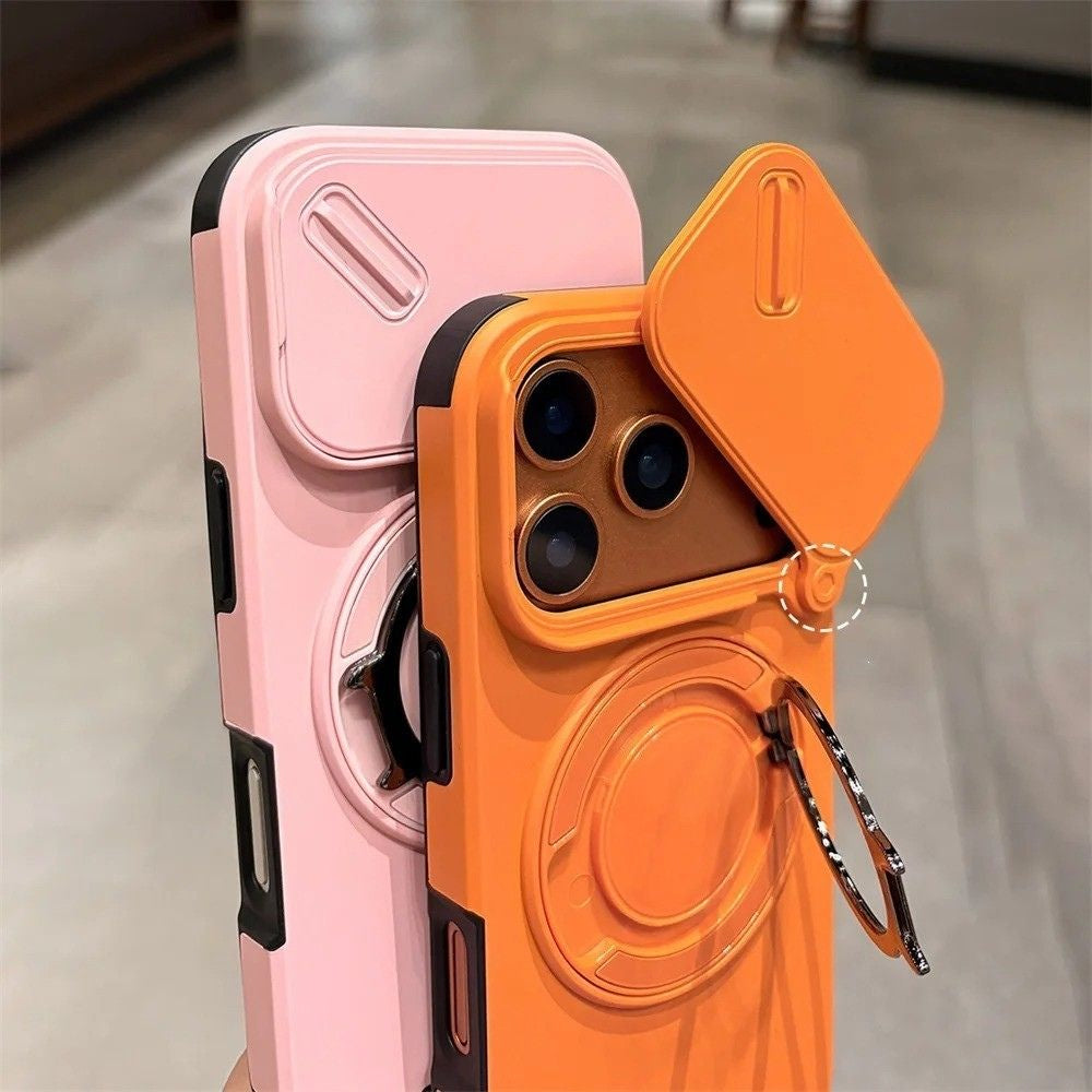 Luxury iPhone Case — Military Armor Magnetic Ring Cover with 360° Rotating Folding Stand, Full Lens Protection & Dual-Layer Shockproof Design