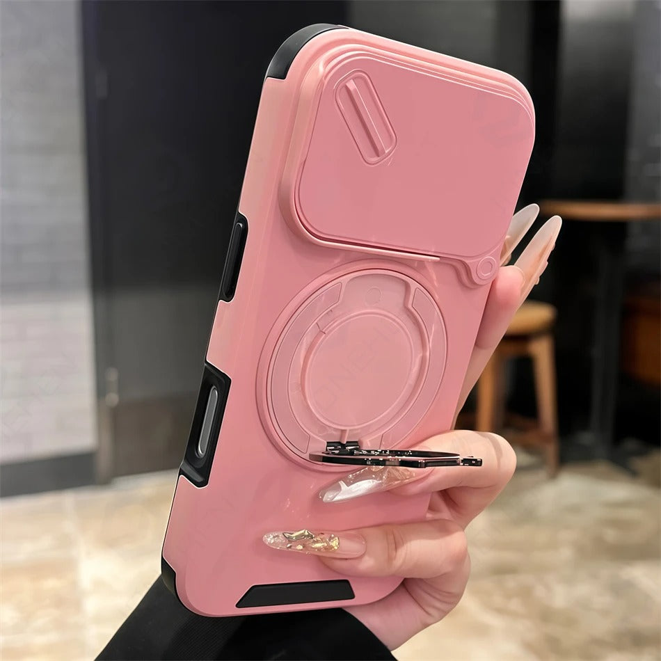 Luxury iPhone Case — Military Armor Magnetic Ring Cover with 360° Rotating Folding Stand, Full Lens Protection & Dual-Layer Shockproof Design