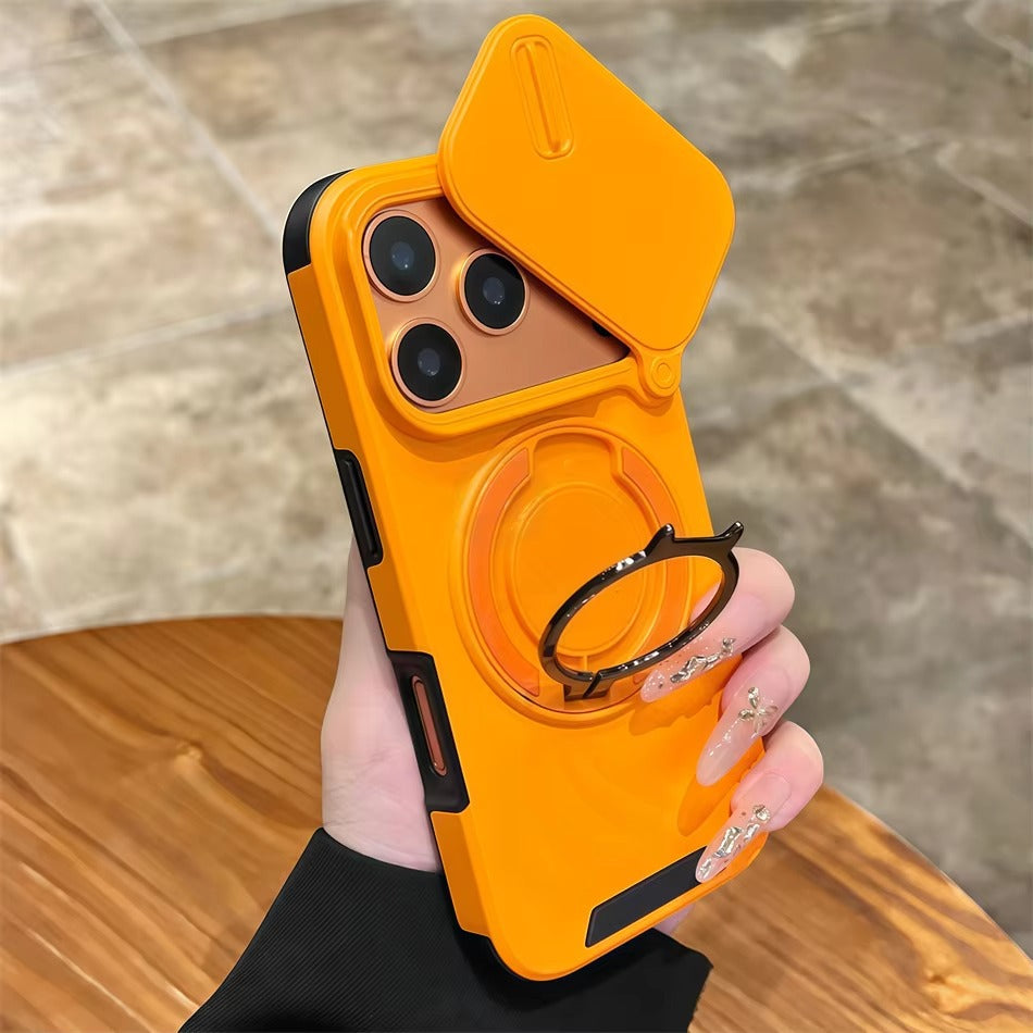 Luxury iPhone Case — Military Armor Magnetic Ring Cover with 360° Rotating Folding Stand, Full Lens Protection & Dual-Layer Shockproof Design