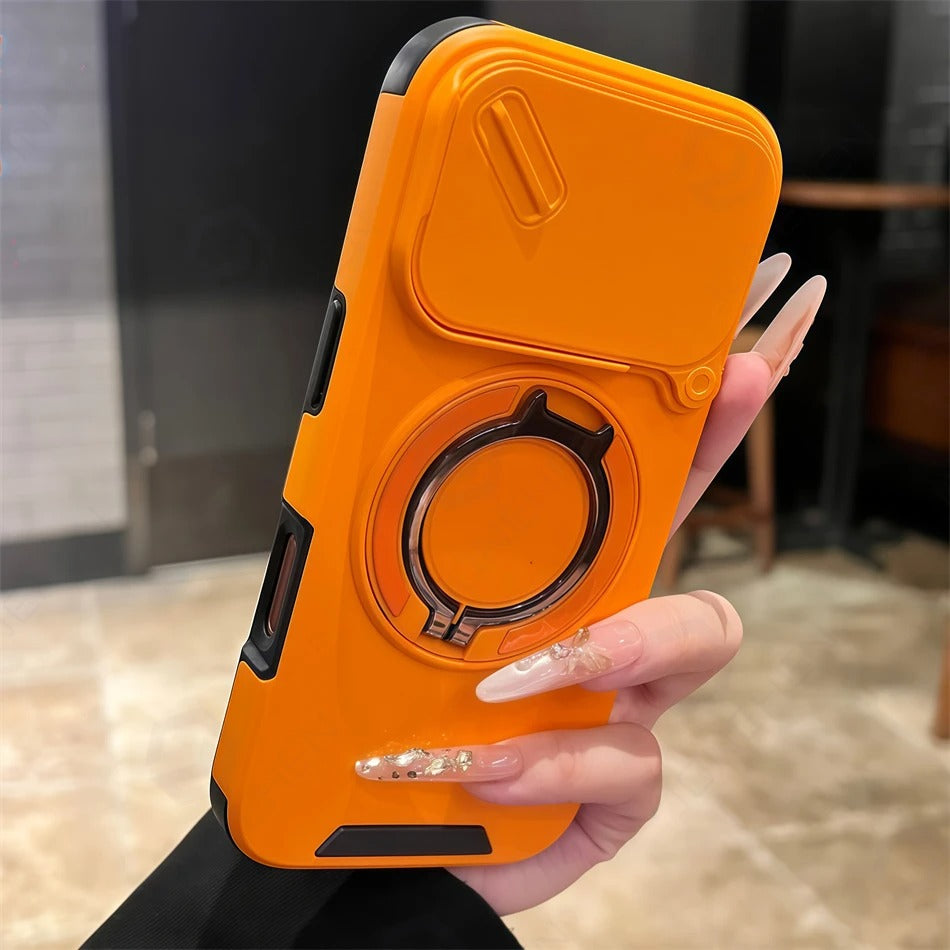Luxury iPhone Case — Military Armor Magnetic Ring Cover with 360° Rotating Folding Stand, Full Lens Protection & Dual-Layer Shockproof Design