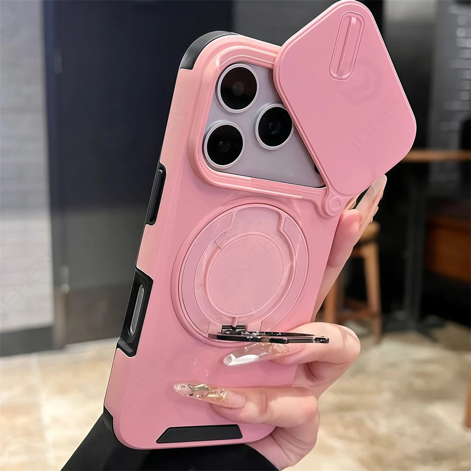 Luxury iPhone Case — Military Armor Magnetic Ring Cover with 360° Rotating Folding Stand, Full Lens Protection & Dual-Layer Shockproof Design