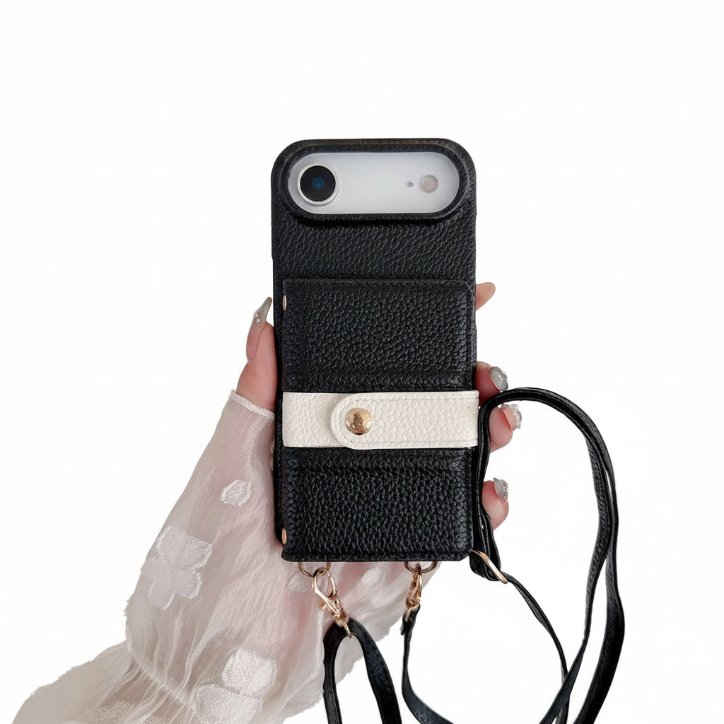 Luxury iPhone Case — Mirror Leather Crossbody Wallet Cover with Card Holder, Lanyard Strap and Shockproof Anti-Fall Protection