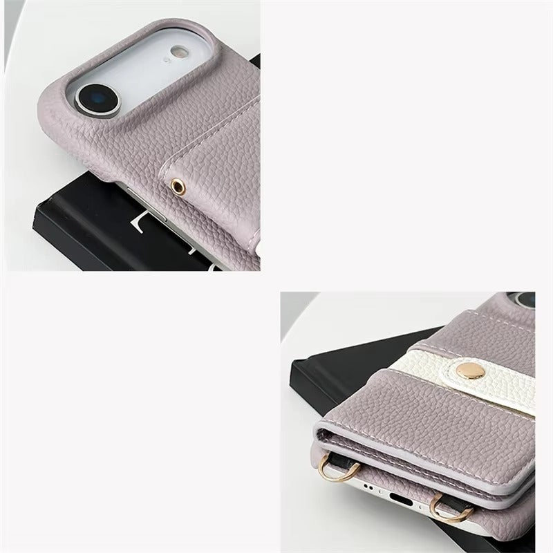 Luxury iPhone Case — Mirror Leather Crossbody Wallet Cover with Card Holder, Lanyard Strap and Shockproof Anti-Fall Protection