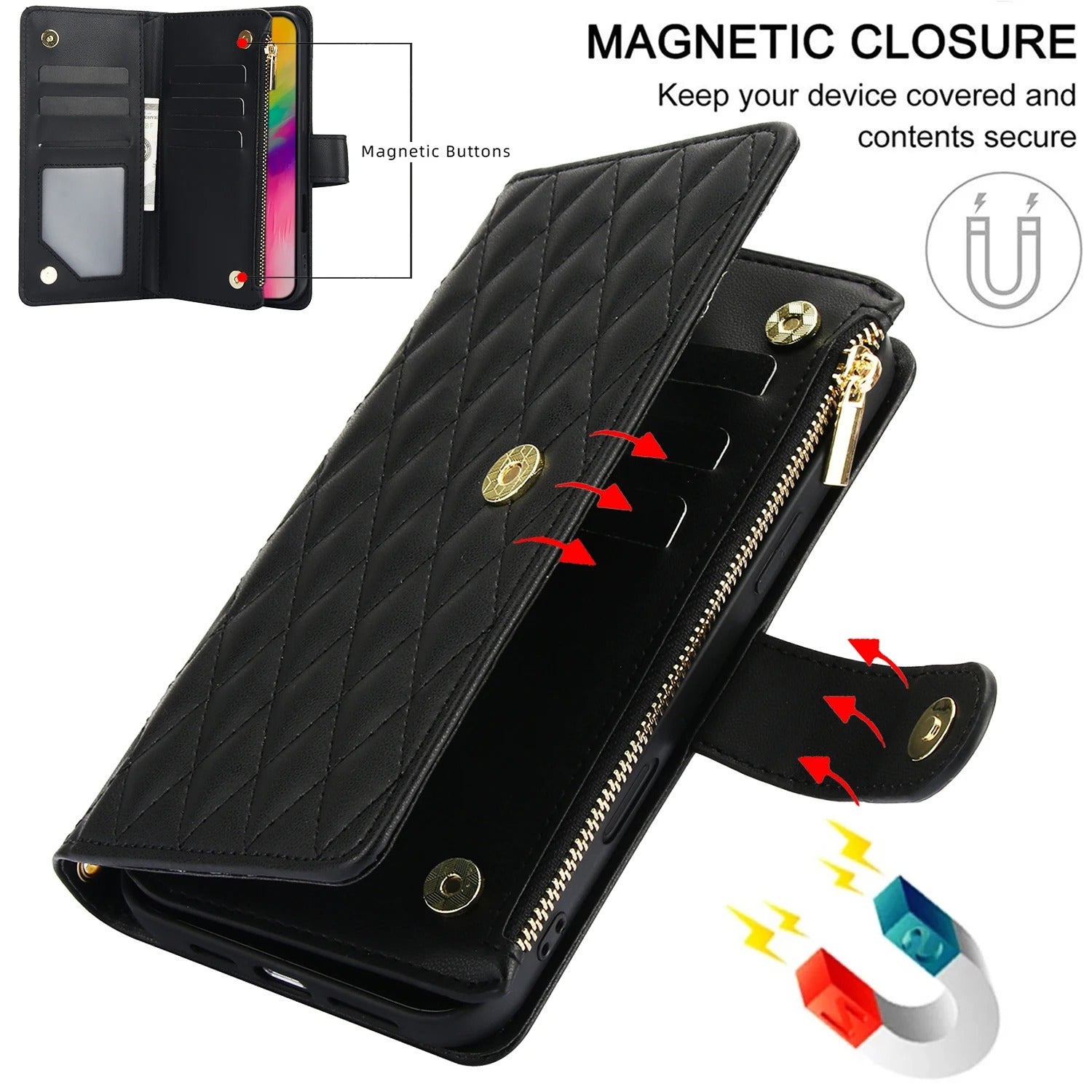 Luxury iPhone Case — Multi-Karal Chain Zipper Wallet Flip Cover with 6-Card Slots, Shockproof, Magnetic, Anti-Scratch, Leather Wallet Case