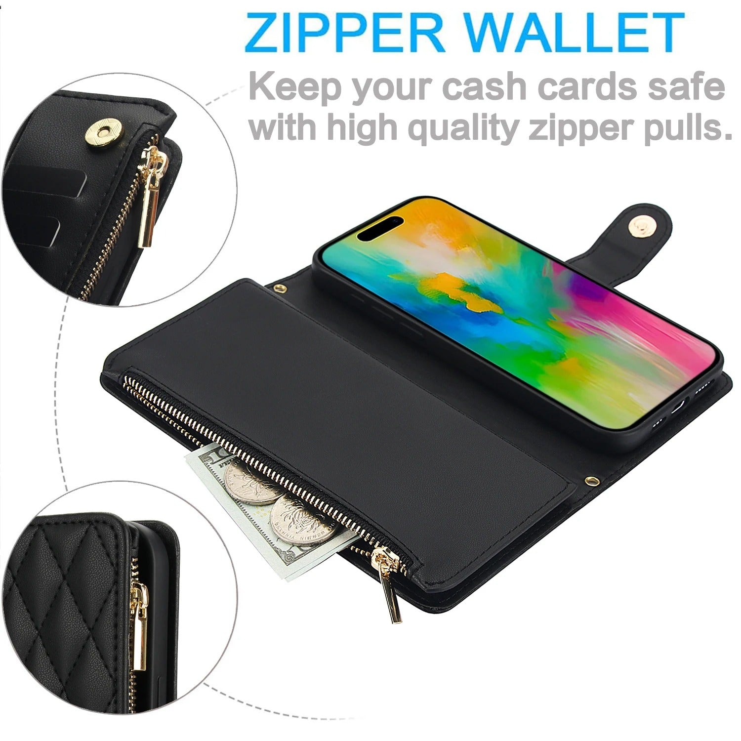 Luxury iPhone Case — Multi-Karal Chain Zipper Wallet Flip Cover with 6-Card Slots, Shockproof, Magnetic, Anti-Scratch, Leather Wallet Case