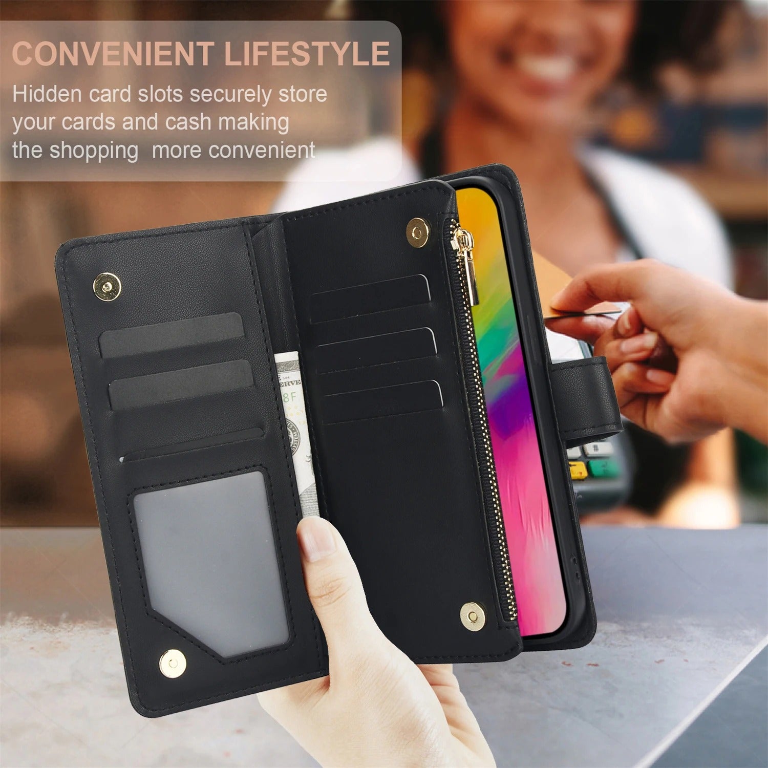 Luxury iPhone Case — Multi-Karal Chain Zipper Wallet Flip Cover with 6-Card Slots, Shockproof, Magnetic, Anti-Scratch, Leather Wallet Case