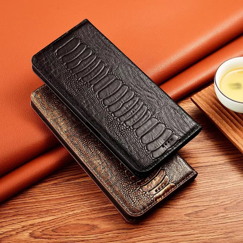Luxury iPhone Case — Ostrich Foot Genuine Leather Cover, Magnetic Wallet with Card Pocket, Kickstand Function, Water-Resistant Design