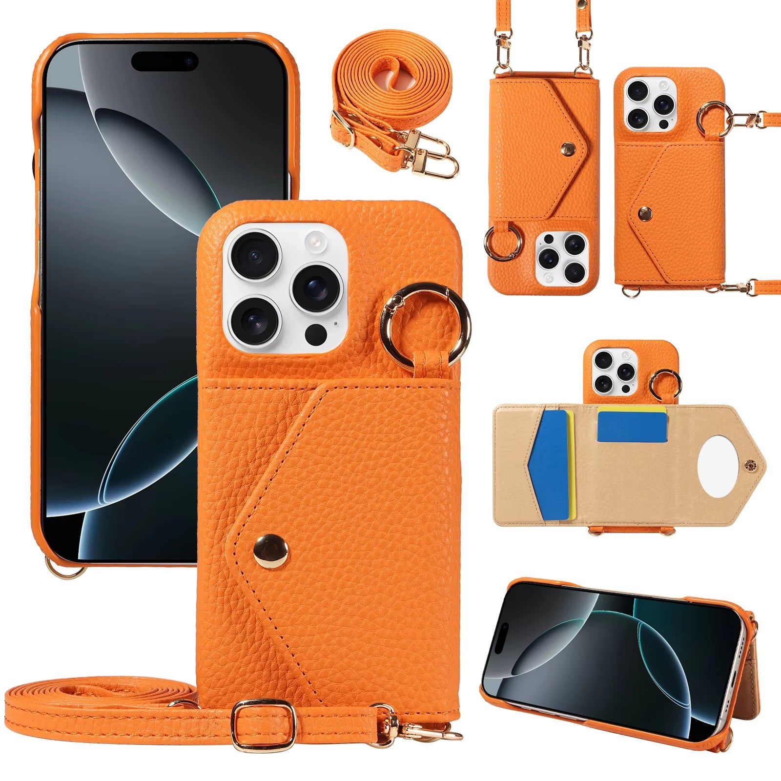 Luxury iPhone Case — PU Leather Crossbody Cover with Anti-Demagnetization Protection, Anti-Drop Design & Built-In Mirror for Hands-Free Convenience