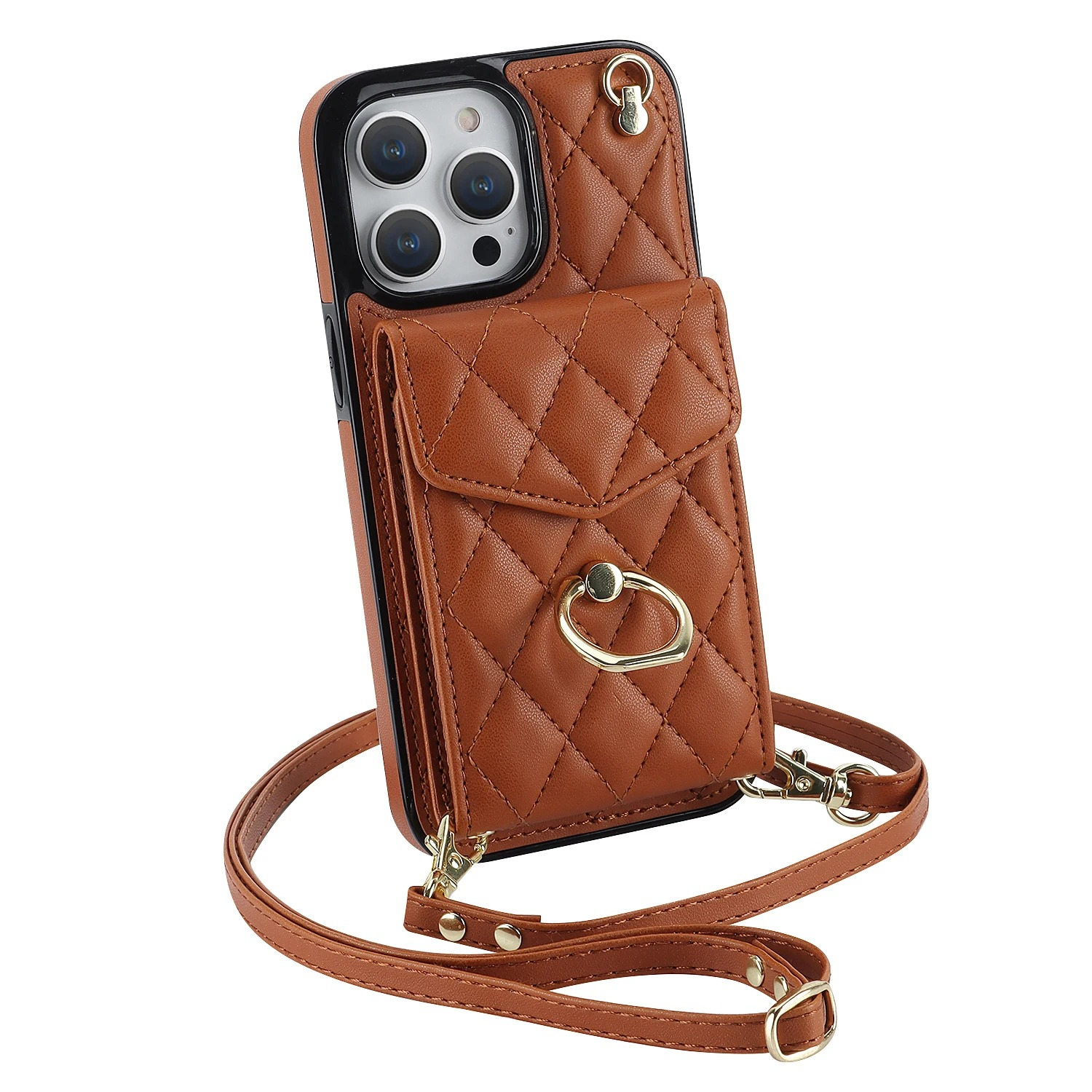 Luxury iPhone Case — PU Leather Crossbody Wallet Cover with Multi Card Slots, Ring Holder Lanyard, Magnetic Closure and Shockproof Anti-Fingerprint Protection